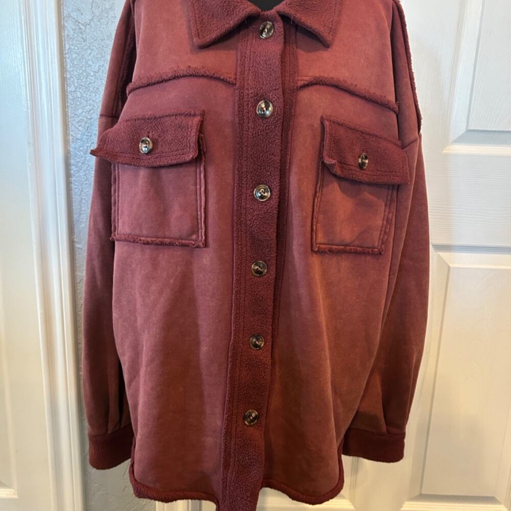 Easel Marsala Rust Mineral Wash Raw Edge Terry Shacket L - Picture 7 of 8